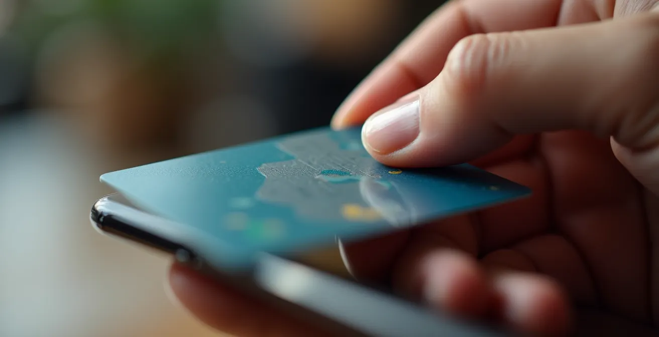 Main tenant un téléphone avec carte OPUS posée dessus pour la recharge sans contact