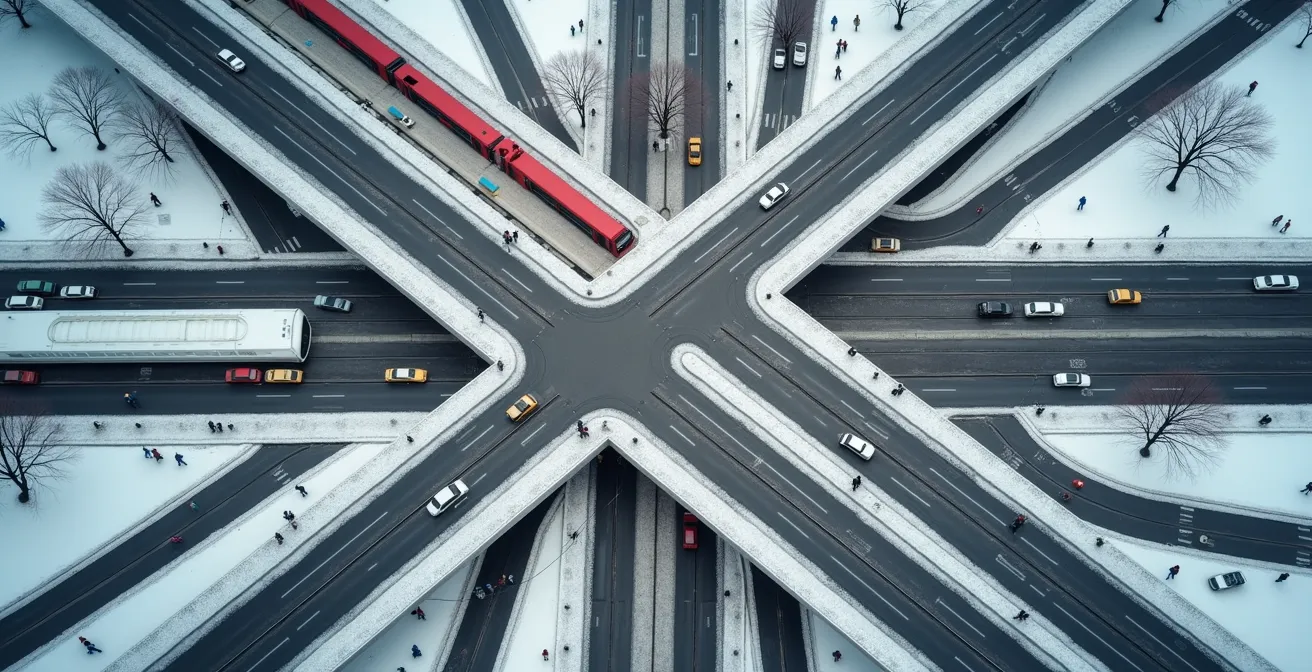 Vue aérienne minimaliste d'un hub de transport montrant l'interconnexion des différents modes