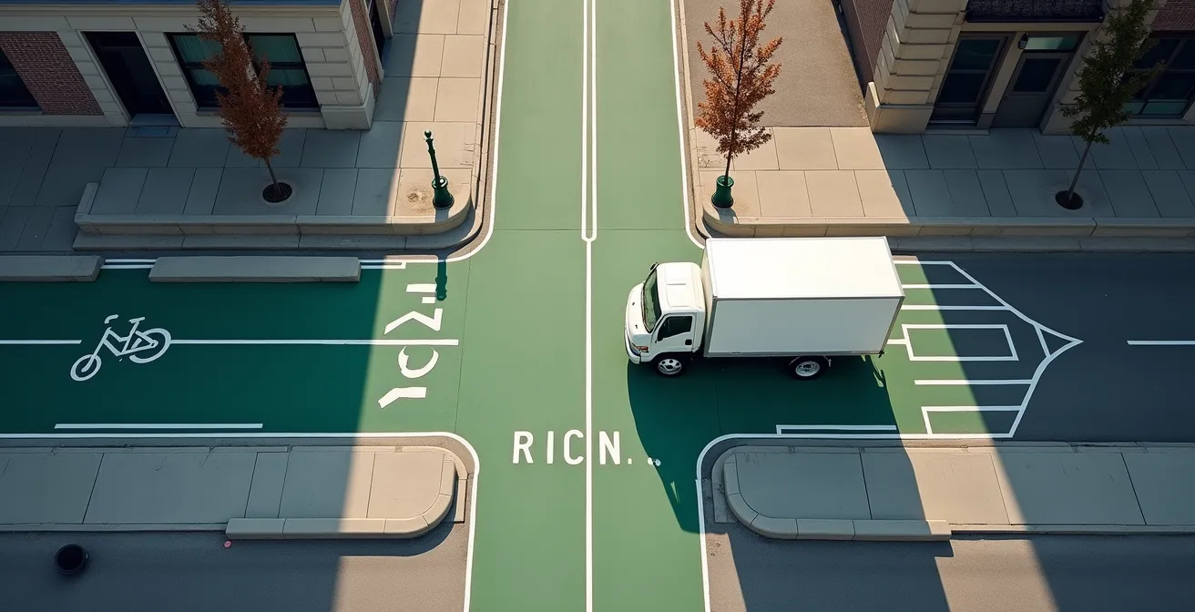 Vue aérienne minimaliste d'une piste cyclable protégée du REV avec un camion de livraison stationné correctement dans une zone dédiée adjacente