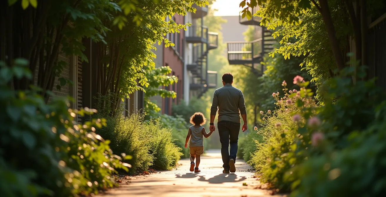 Ruelle verte montréalaise en été avec végétation luxuriante et escaliers caractéristiques
