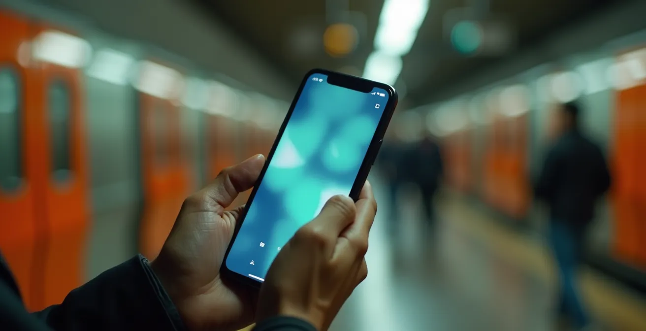 Main tenant un smartphone montrant une capture d'écran floue d'information de retard dans le métro