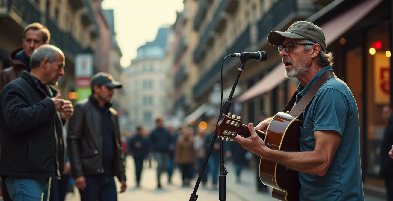 Musicien de rue performant sur l'avenue Mont-Royal devant des résidents qui l'écoutent depuis leurs balcons.
