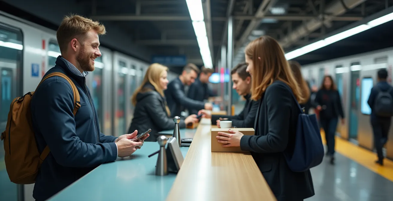 Vue intérieure d'une station de métro moderne avec espace café et casiers intelligents intégrés