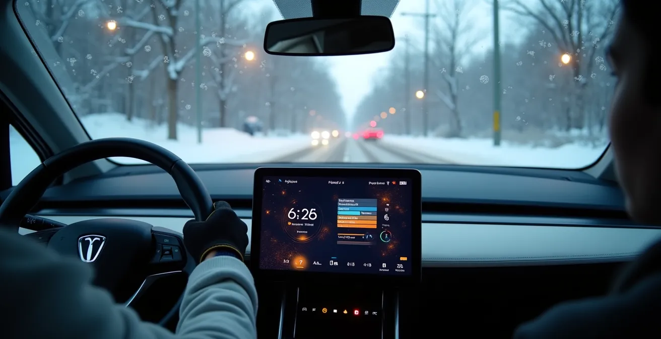 Vue de l'intérieur d'un véhicule électrique montrant le tableau de bord avec indicateurs de recharge en conditions hivernales