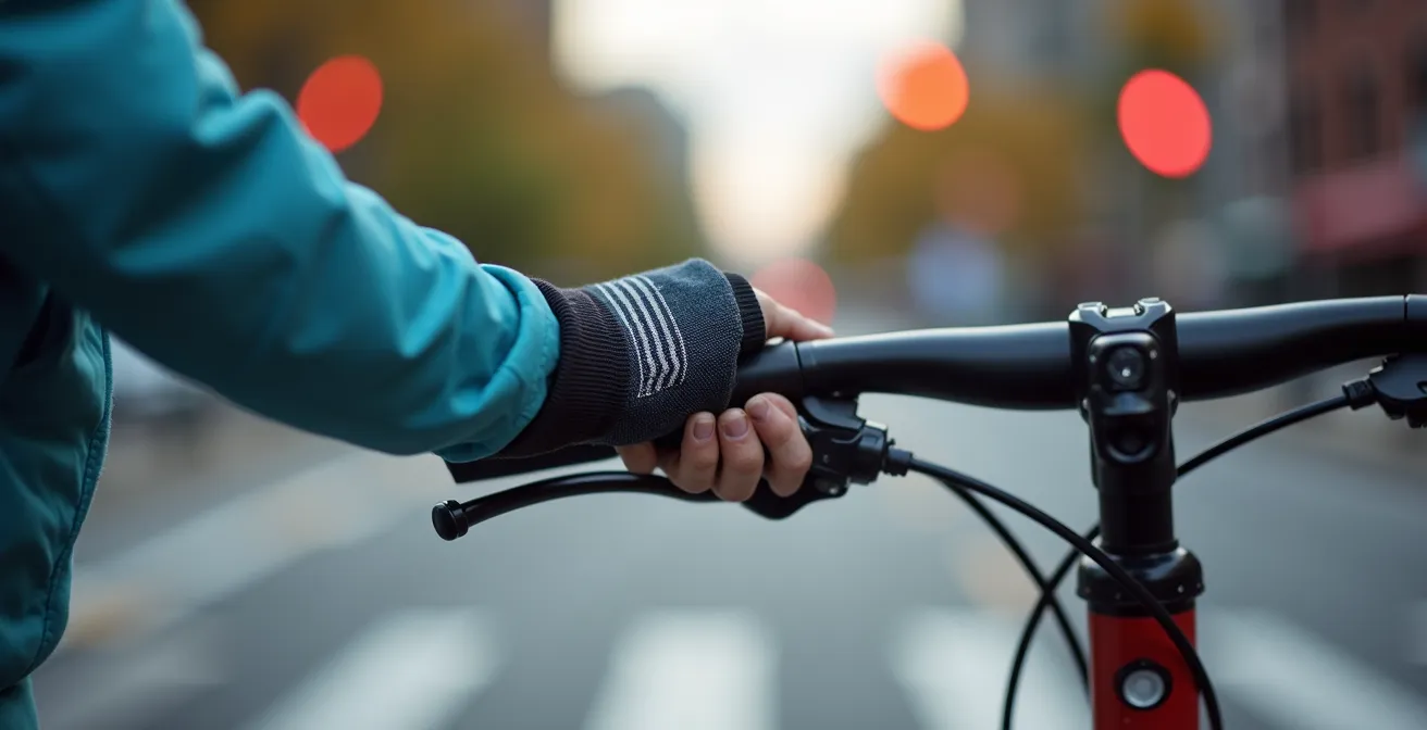 Parent guidant un enfant à vélo à une intersection de Montréal lors d'un test de trajet