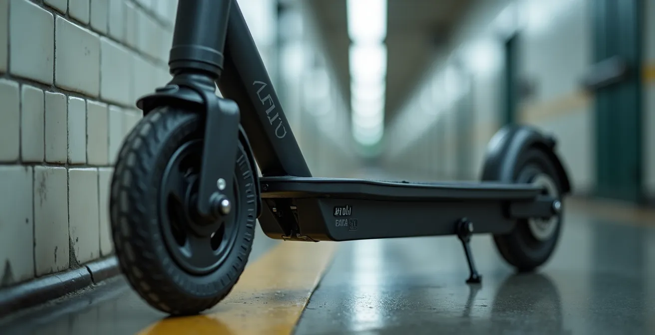 Une trottinette pliée compacte posée contre un mur dans une station de métro montréalaise