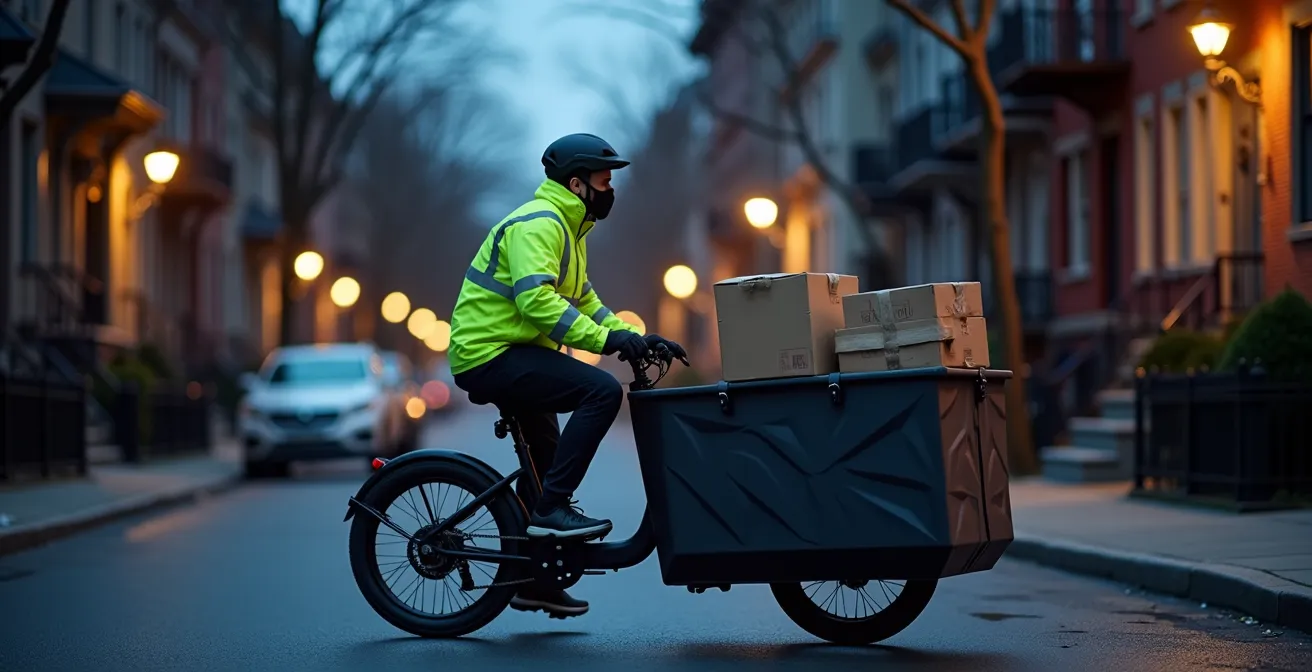 Livreur sur vélo-cargo électrique dans une rue calme de Montréal en soirée