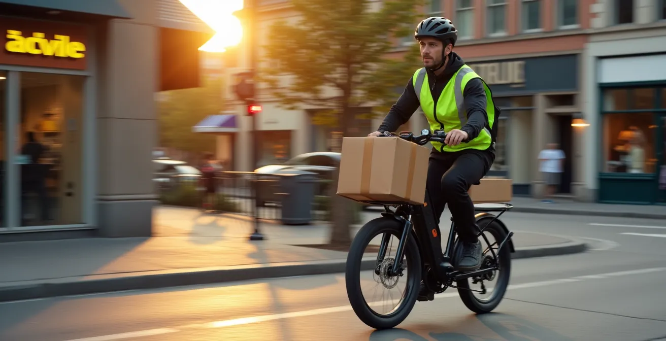 Livreur à vélo cargo électrique utilisant la piste cyclable protégée du REV Saint-Denis à Montréal