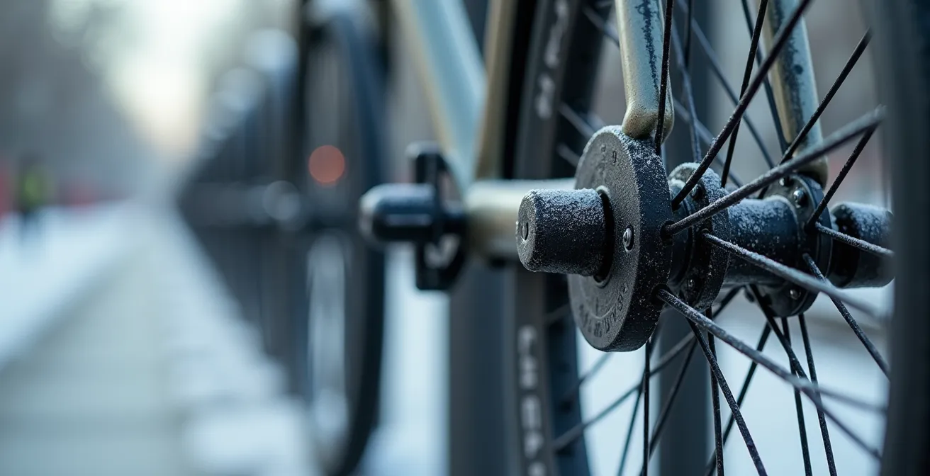 Vélo verrouillé de manière sécuritaire à un support près d'une gare en hiver