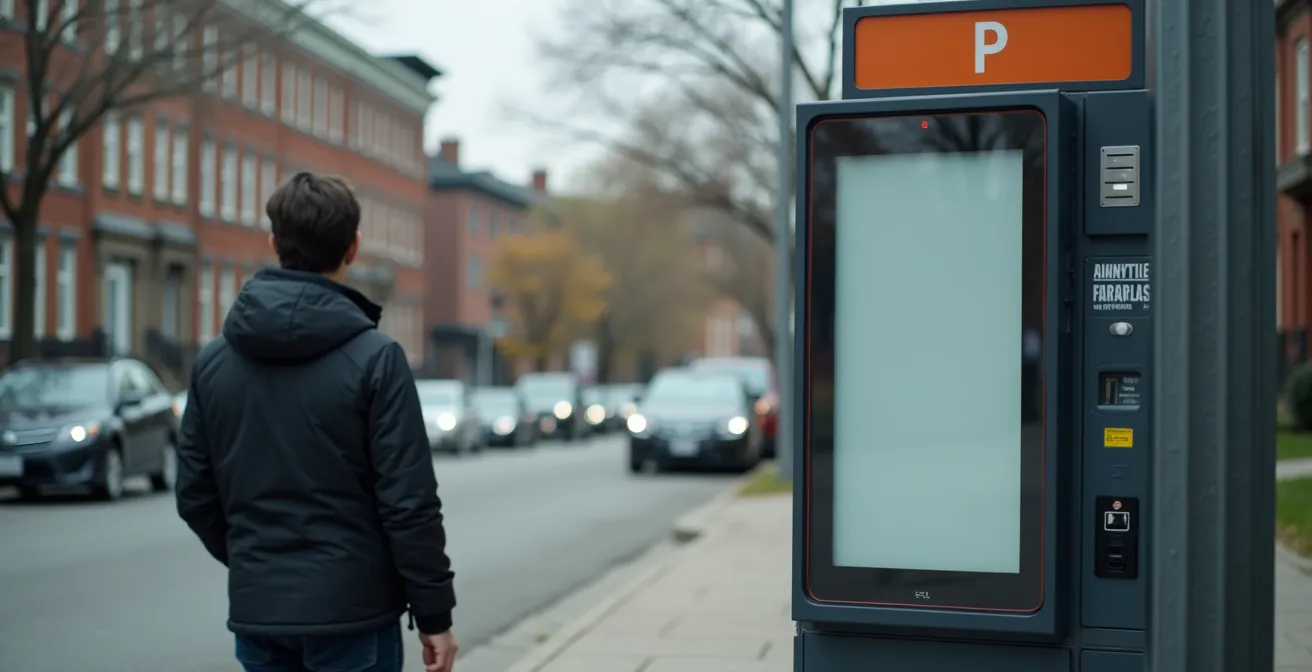 Borne de paiement Payez et Partez dans une rue du Plateau-Mont-Royal avec un automobiliste effectuant l'achat d'une vignette journalière