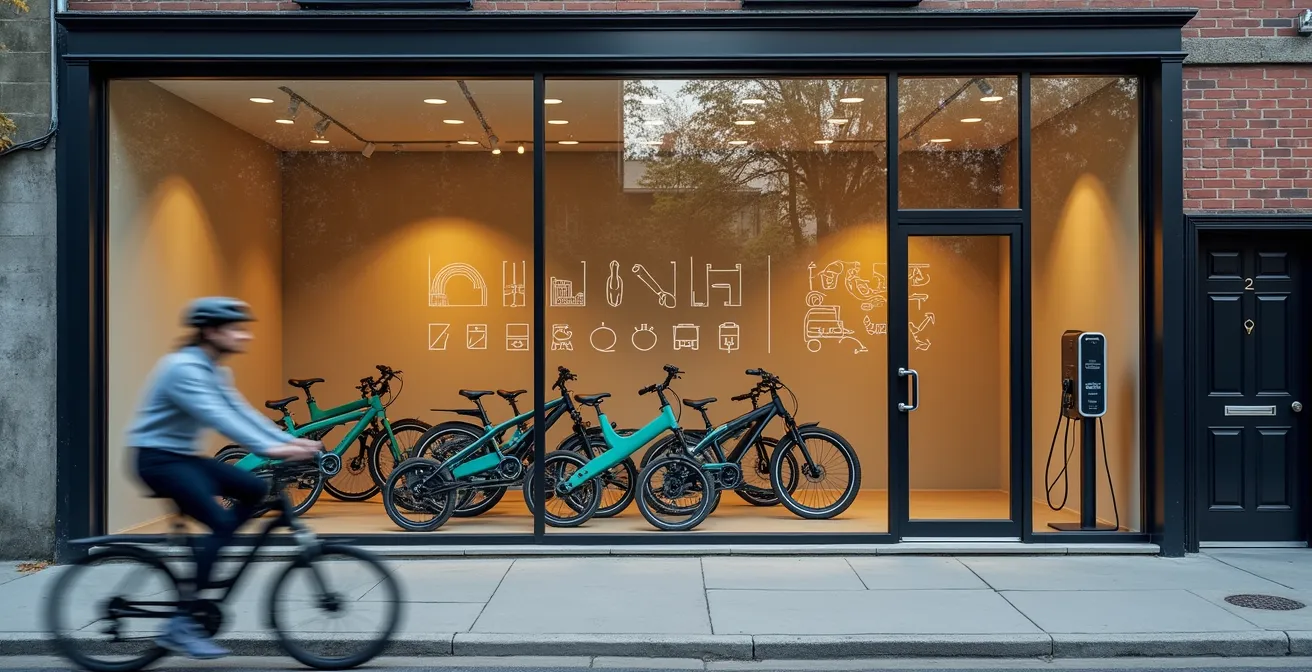 Façade vitrée d'un mini-hub logistique montrant des vélos-cargos électriques et une exposition sur la mobilité durable
